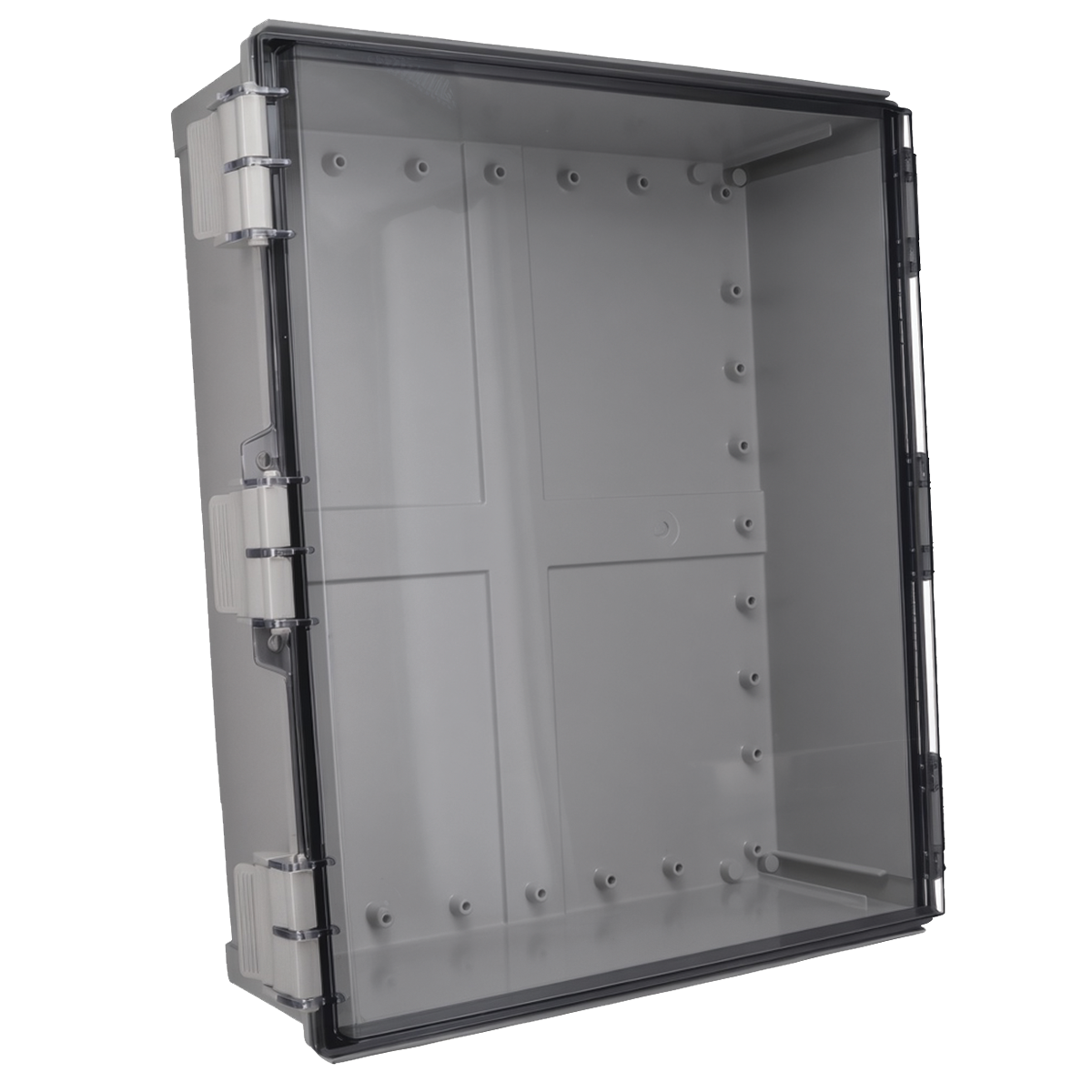 Eagle Eye Power Solutions BMS standard enclosure with a clear hinged cover and gray mounting backplate.